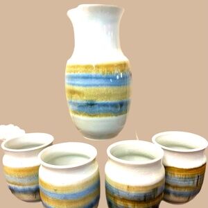Studio Art Pottery Vtg Signed Blue Brown Drip Glaze Stoneware Carafe / Four Cups